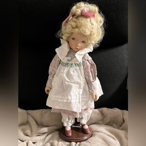 Antique Charming Blonde Porcelain Doll+Stand In White Dress
